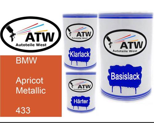 BMW, Apricot Metallic, 433: 500ml Lackdose + 500ml Klarlack + 250ml Härter - Set, von ATW Autoteile West.